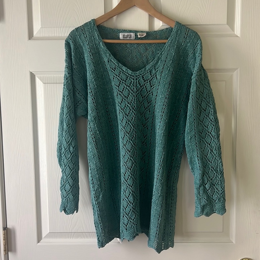 Vintage Sostanza Robin Egg Blue Open Knit Silk and‎ Cotton Sweater, Sz Large